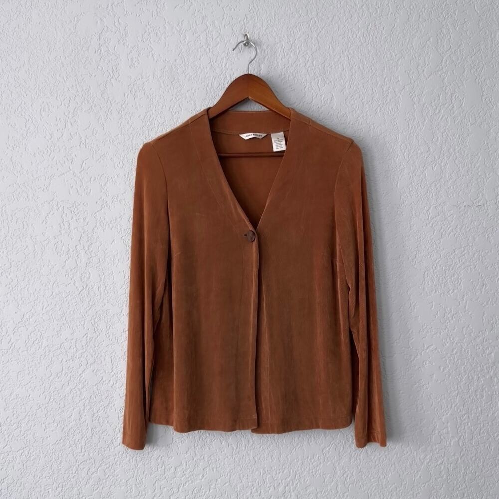 laura ashley vintage brown long sleeve single button sliky knit top size small